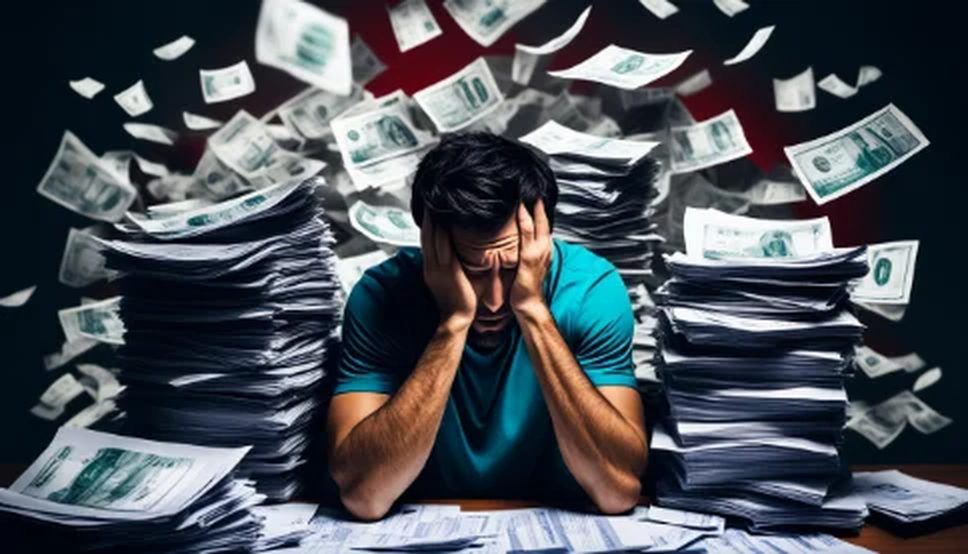 A man at a desk overwhelmed by bills and paperwork